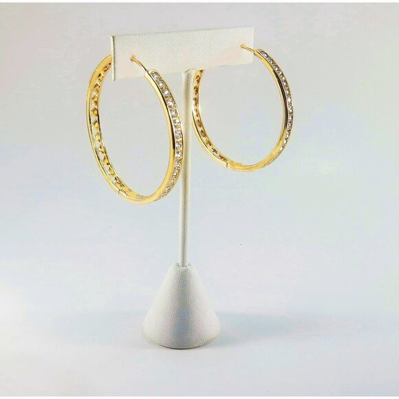 Bling & Glam! 18K Gold Filled Tube Hoop Earrings 1.90" Tall Sparkling Earrings - Picture 2 of 7
